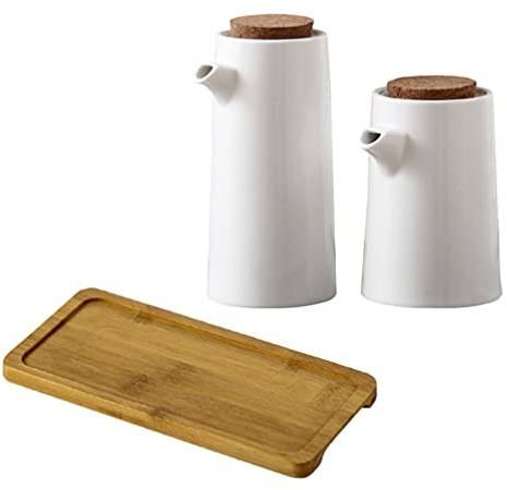 Lurrose Keramik-Ölspender, japanischer Stil, für Olivenöl, Sojasauce, Essig, Essig, Flüssigkeit, Gewürzspender mit Tablett, für Küche, Kochen, Weiß, 2 Stück