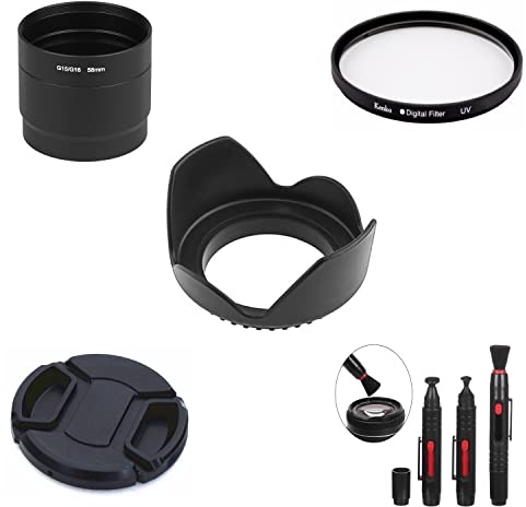 SK44 58mm Diameter Camera Lens Bundle Set Kit Lens Hood Cap UV Filter Brush Adapter Ring Tube For Canon PowerShot G15 G16 Camera