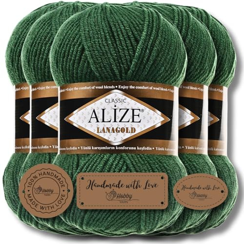Hobby YARN 3x Etikettenlabel mit Alize Lanagold Wolle Premium 5x100g als Set, Yarn, Garn, Strickgarn, Einfarbig, Baby, zum Häkeln, Stricken, Kleidung, Schals (Pine - 118)