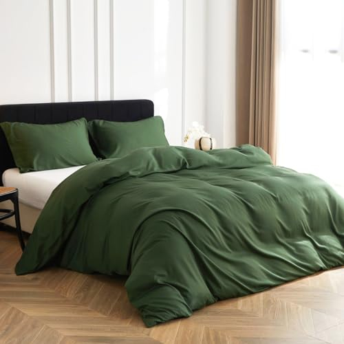 Simple&Opulence Set di Piumino in Viscosa di Bambù, Coperta per Letto Setosa e Morbida, Coperte Fresche Ideali per Pelle e Capelli con Fodere per Cuscino（verde scuro, 135×200）