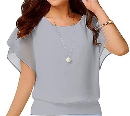 Yommay Sommarblusar för kvinnor eleganta avslappnade chiffongblusar damer toppar kortärmad T-shirts, Grå, S