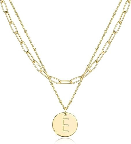 Jenosy Layering Kette Damen Kette mit Buchstaben Personalisierte Kette mit Namen Zarte Buchstaben Kette Gold 18K Vergoldete Kette mit Runder Plättche Anhänger Modeschmuck für Damen und Mädchen