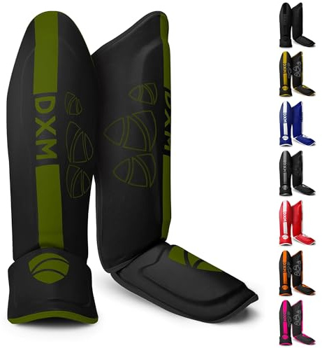 DXM Martial Arts Shin Guards Kickboxing Leg Guards with Instep Protection for for Muay Thai, Boxing, MMA, Karate, Taekwondo, Sparring, Training, MMA Equipment (L, Green & Black)