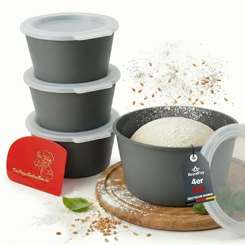 RoyalFay® Pizzaballenbox 4er-Set – Teigboxen aus recycelbarem Bio-Kunststoff mit Deckel – stapelbare Gärboxen für Pizzateig, Sauerteig und Zutaten – Made in Germany