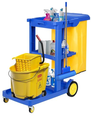 tonchean Commercial Janitorial Cart 3 Shelf, Housekeeping Janitor Cleaning cart, 200 Lbs Large Capacity Janitorial cart, Wheeled with 22 Gallon Yellow Vinyl Bag and Cover lid, Blue