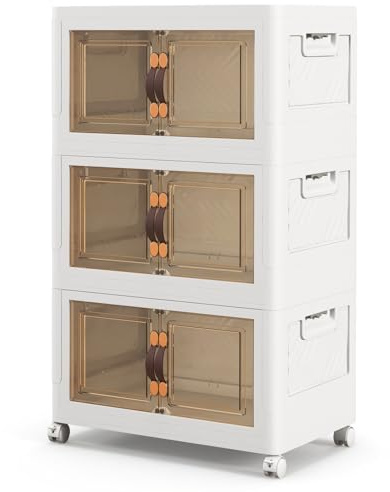 COSTWAY Folding Shoe Storage Cabinet, 3/4/5 Tier Stackable Storage Box with Lockable Wheels, Lids & Doors, Freestanding Storage Bin for Living Room Bedroom (44 x 31 x 77 cm, 3 Tiers)