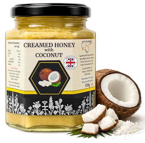 Honey Creamed with Coconut 320g – Made in UK from Local Bees 100% Natural & Pure Raw Whipped Honey, Unheated & Unpasteurised, Smooth Creamed Texture – Alvari