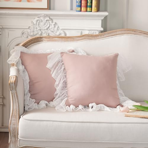 ARTMAGIC Cotton Linen Throw Pillow Covers Vintage Floral Embroidery Washable Cushion Cover Set of 2 French Country Decor for Home Holiday Party Picnic (Dusty Pink, 18x18 Cushion Cover)