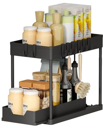 Meltrck Rangement sous Évier Lot de 3 Fixé Double Étage｜Organisateur de Cuisine/Salle de Bain sans Installation｜Universal pour Toutes Tailles d'Éviers​ (Noir)