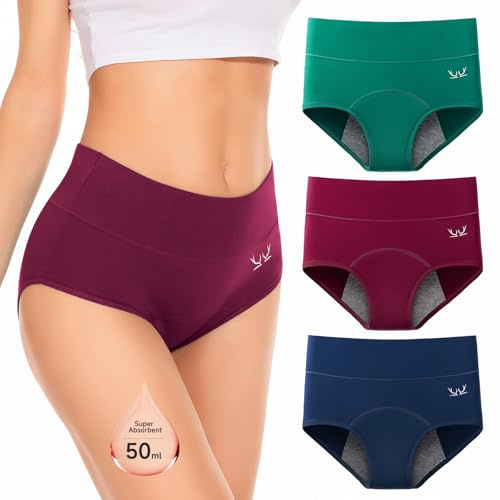 Ruixue Periodenunterschwäsche Starke Blutung Lecksicher High Waist Perioden Unterwäsche Frauen Unterhosen Damen Baumwolle Menstruationsunterwäsche Mädchen 3er Pack