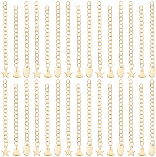 Beebeecraft 1 boîte de 30 chaînes D'Extension Dorées 304 extensions de Chaîne en Acier Inoxydable avec Breloques Ovales en Forme de Cœur et D'Étoile Rallonges de Chaîne Gourmette (58~68mm)