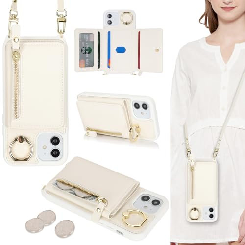 ELTEKER Handyhülle für iPhone 12/12 Pro Hülle mit Band Kartenfach Ringhalterung Geldbörse,Leder Klapphülle Umhängetasche Handytasche für iPhone 12/12 Pro - weiß