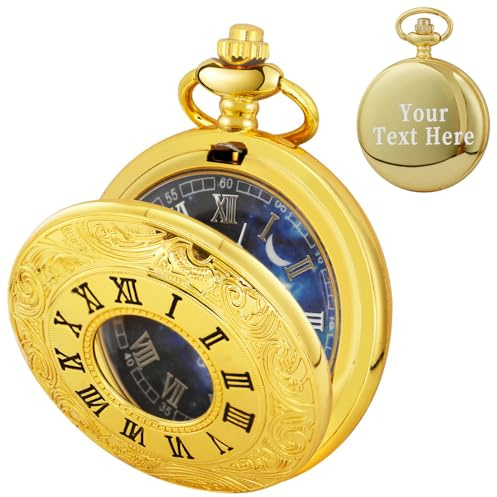 Tiong Pocket Watch Hollow Roman Numerals Vintage Blue Starry Design Quartz Pocket Watches with Chain Pendant for Men Women