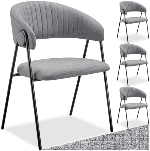 tectake® Armlehnstuhl 4er Set, stylische Esszimmerstühle mit pflegeleichtem Webstoff, C-förmige Rückenlehne mit Steppmuster, Esstisch Stühle mit bequemer Polsterung, Esszimmerstuhl - grau