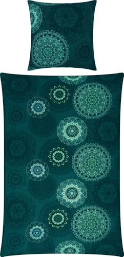 Erwin Müller Bettwäsche, Bettgarnitur Flanell - Mandala - mollig warm, temperaturregulierend, mit praktischem Reißverschluss - Petrol Größe 80x80 cm / 135x200 cm