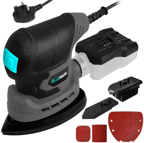 Bluemars 220W Mouse Sander, Mini Handhold Sander for Wood,Drywall,Floor w/ 3m Cable, 13000 RPM Detail Sanders with Dust Collection Box & Vacuum Cleaner Adaptor,20Pcs Sandpapers, Ideal for Tight Space