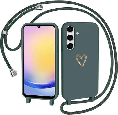 CaseLover Handyband für Samsung Galaxy A56 5G/A36 5G Hülle mit Band, Grün | Herz Muster, Silikon Necklace Handyhülle mit Abnehmbar Kordel zum Umhängen, Stossfest Bumper Handy Schutzhülle Case
