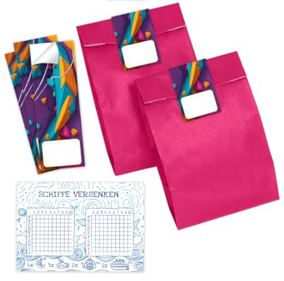 JuNa-Experten 6 Schiffe versenken + 6 Geschenktüten/pink + 6 Aufkleber Klettern Jungen Mädchen Mitgebsel Kindergeburtstag Gastgeschenke für Mädchengeburtstag Jungsgeburtstag Geburtstag
