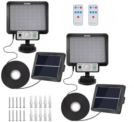 Monzer [Lote de 2] Lámpara solar exterior con detector de movimiento, 2200 lúmenes, luz solar exterior, proyector solar exterior potente, 3 modos impermeable IP65 LED foco solar para jardín garaje