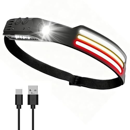 Lampada frontale LED 3000 lumen ricaricabile con rilevatore di movimento, impermeabile IPX5, fascio largo 230° – Lampada da testa leggera per campeggio, escursionismo, pesca, jogging, ciclismo