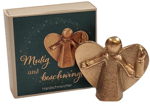 Herzmensch Kleiner Bronze Engel massiv Gold 4,5 cm mit Spruch Geschenkschachtel als Kleinigkeit zum Verschenken für Mann, Frau und Kinder