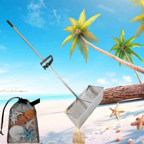 Comfybear - Rastrillo de arena largo con mango para pulgas de arena, colador de playa grande de acero inoxidable, tamiz de playa flotante, acero al carbono para tamiz (acero inoxidable plateado)