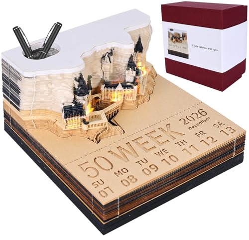 Bloc-notes 3D : calendrier de table 2026, calendrier 3D à déchirer, calendrier 2026, calendrier hebdomadaire 3D Magic Castle avec lumière et porte-stylo, cadeau créatif en papier cadeau à faire