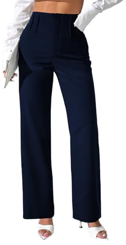 Pink Queen Black Dress Pants Women Wide Leg Business Casual Elastic Waist Black Slacks Trousers Pants for Women High Waisted Dressy Stretchy Straight Leg Pull On Trousers Navy Blue L