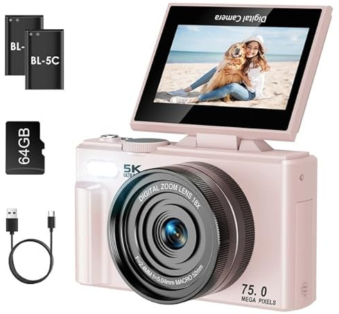 SOPPY 5K Digitalkamera Fotokamera 75MP Vlogging Kamera 3,0 Zoll 180°Flip-Screen Kompaktkamera mit 64GB Speicherkarte, 18X Digitalzoom, Mini Digitalkamera für Jungen Mädchen Anfänger, Rosa