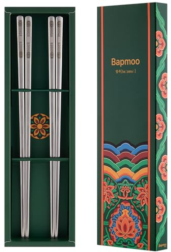 Korean Matte Silver Stainless Steel Chopsticks, 2 Pairs, Dancheong Engraved | Flat Korean metal chopsticks, made in Korea