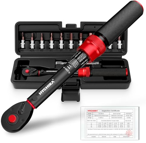 HYCHIKA Juego de 13 Llaves Dinamométricas 1/4 5-25Nm, Precisión ±2%, Set Llave Dinamométrica Bicicleta 72 Dientes con Alargue, Bits y Estuche.
