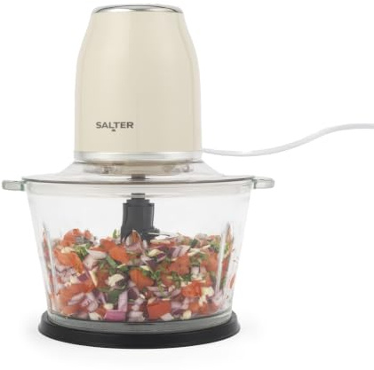 Salter Retro Electric Food Chopper 1.2 L Glass Bowl 500 W | 2 Speed Settings, Dual Stainless Steel Blades, Removable Blade For Cleaning, Anti-Slip Base, For Dips Salsa Dressings Fruit