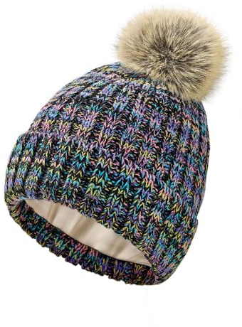 Black Heather Silk Lined Beanie Hats for Women Thermal Knit Winter Hats with Cute Removable Pompom for Ultimate Warmth and Comfort in Cold Weather Black Multi