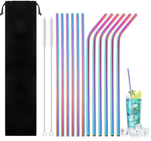 Paille Inox, 15 pièces Paille En Inox, P aille En Acier Ino xydable, Pail le Metallique, Pai lles In ox, Comprend deux brosses de nettoyage et un sac de rangement, pour Cocktail, Smoothie et Jus.