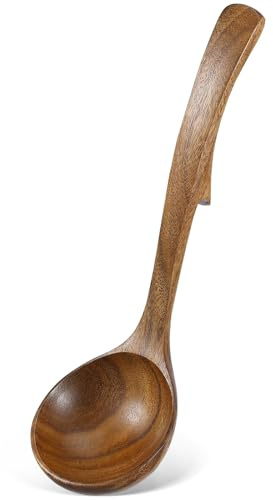 KICHOUSE Mestolo in Legno Massello di Acacia Medio Gancio Salvaspazio Cucchiaio da Cucina per Zuppa e Pasta Utensile Multiuso per Mescolare e Servire Manico Ergonomico per Uso