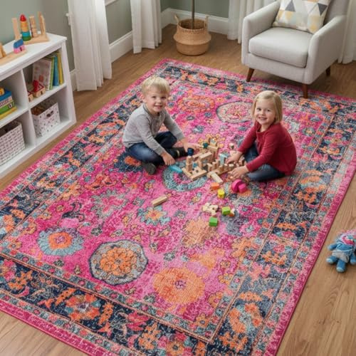 Facai Vintage Design Area Rug for Living Room and Bedroom, Machine Washable Short Pile Non-Slip Carpet, Multicolor Pink Traditional Chic Rug for Dining Room, 160 x 230 cm