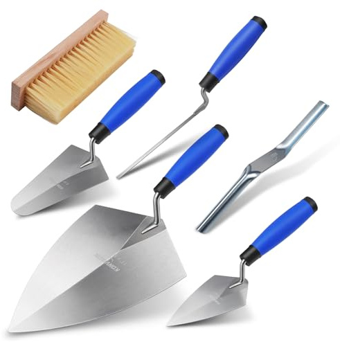 Konvixon 6PCS Masonry Hand Tools Set, 11x5-1/2 Philadelphia Brick Trowel, 5.9x3.4 Gauging trowel, 5-1/2x2-7/8 Pointing Trowel, 10x 5/8 Convex Brick Jointer, Tuck Pointing Trowel, Masonry Brush