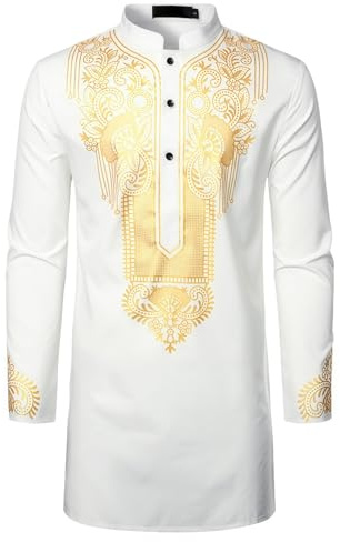 Men's Short Dashiki Shirt Foil Print Long Sleeve Button Down Henley Robe | Cotton Linen Casual Muslim Gown Top, Shiny Pattern Printed Traditional Muslim Gown, Ethnic Clothes Daily Wear