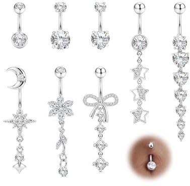 MILACOLATO Lote de 8 Piercing Ombligo – 3 Barras Cortas + 5 Colgantes, Acero Quirúrgico Hipoalergénico, Oro y Plata, Joyas de Ombligo para Mujer (Corazón Mariposa Flor Estrella)-S