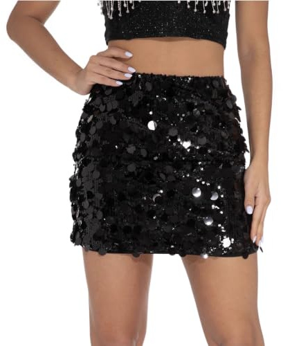 Pleyihe Sequin Skirt for Women Sexy Bodycon Mini Skirt Stretchy Glitter Short Skirs High Waist Half Dress for Party Club Nightlife Date (UK, Alpha, S, Regular, Regular, Black)