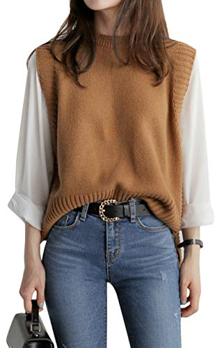 UANEO Women Sweater Vest Casual Knitwear Sleeveless Round Neck Pullover Sweater Tops(Brown, One Size)