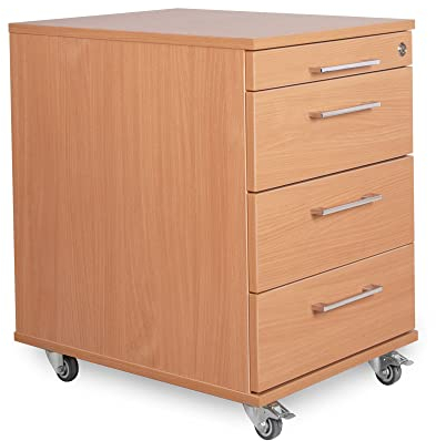 Rollcontainer 3 Schubladen + Materialauszug H 65 x B 43 x T 60 cm | Bürocontainer aus Holzwerkstoff in Buche | Schreibtischwagen abschließbar | Schubladenschrank aus hauseigener Fertigung