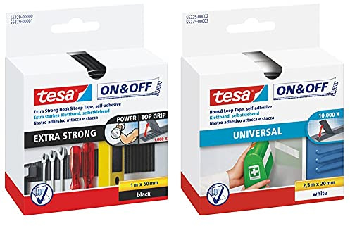 tesa On und Off Extrastarkes Klettband - Selbstklebende Klettstreifen zum Befestigen schwerer Gegenstände, extra stark - 100 cm x 5 cm & On und Off Klettband zum Aufkleben - Weiß, 2 cm x 250 cm
