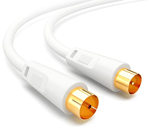 HB-DIGITAL 10m Antennenkabel IEC-Stecker auf IEC-Buchse Anschlusskabel BZT-CE-geschirmt 100dB 128-er Geflecht Koaxial Kabel HDTV 1080p UHD 8K 4K vergoldet DVB-T/T2 DVB-C/C2 Radio DAB DAB+ Weiss