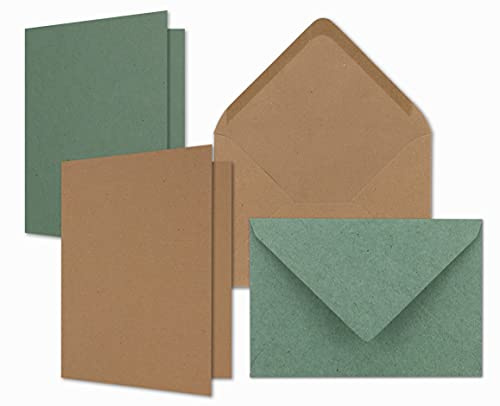 20x Kartenpaket Kraftpapier DIN A6 / C6 in Braun und Eukalyptus (Grün) - Natur Faltkarten mit Falz A6 10,5 x 14,8 cm & Umschläge C6 11,4 x 16,2 cm