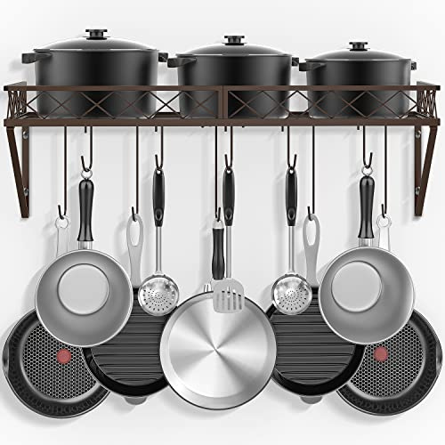 Mutool Wall Mount Pot Pan Rack, 70cm Saucepan Hanging Racks Utensils Hanging Shelf, Pan Racks for kitchen, Metal Cookware Organiser with 10 Hooks, Bronze