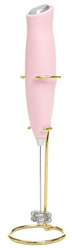 Paris Hilton Electric Handheld Milk Frother with Double Coil Head Whisk and Gold Metal Stand, Battery Powered (2 AA Batteries Required but Not Included), Pink