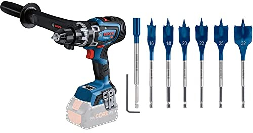 Bosch Professional BITURBO Akku Schlagbohrschrauber GSB 18V-150 C (ohne Akkus & Ladegerät, im Karton) + 7x Expert SelfCut Speed Flachfräsbohrer Set (für Weichholz, Grobspanplatte, Ø 16-32 mm, Zubehör)