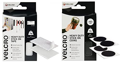 VELCRO Brand Heavy Duty White Stick Strips 50mmx100mm & Brand 45mm Black Heavy-Duty Stick On Coins 6 Set. Hook and Loop Self Adhesive Heavy Duty Stickers for Outdoor & Indoor Use