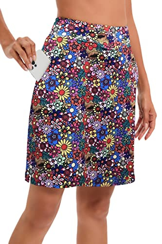 Timuspo Sportkläder för damer, knälång byxkjol med innershorts, atletisk tenniskjol med hög midja, kjol med byxor, perfekt för sport, golf, vandringsträning., Färgglada blommor, M